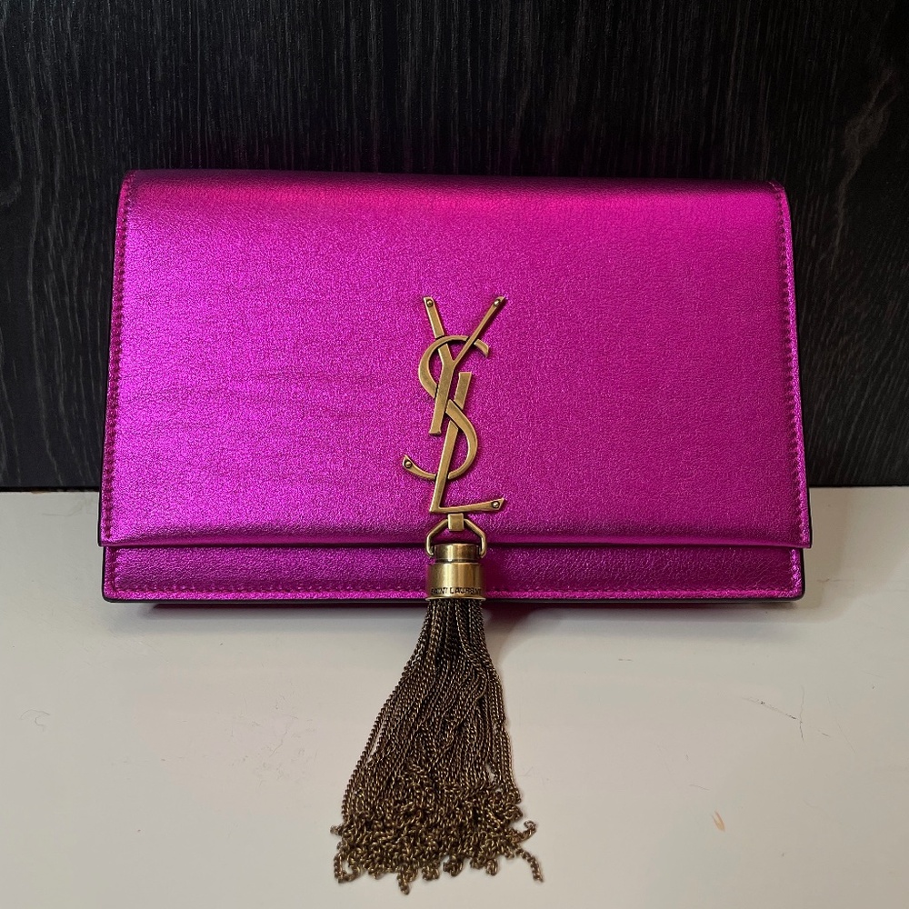 Yves Saint Laurent Fuchsia Clutch with Gold Tassel